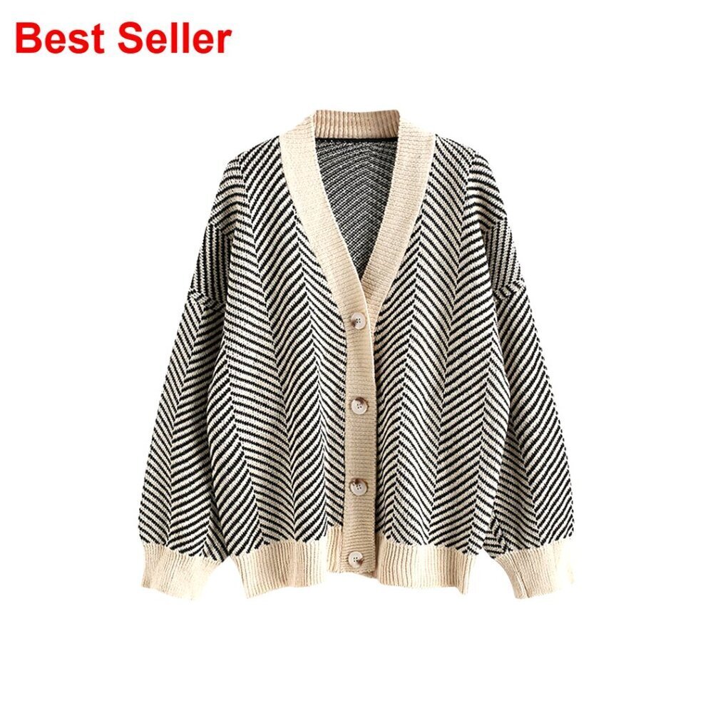 Oversized Striped Cardigan, Long Sleeve Button Up, Knit Sweater, One Size